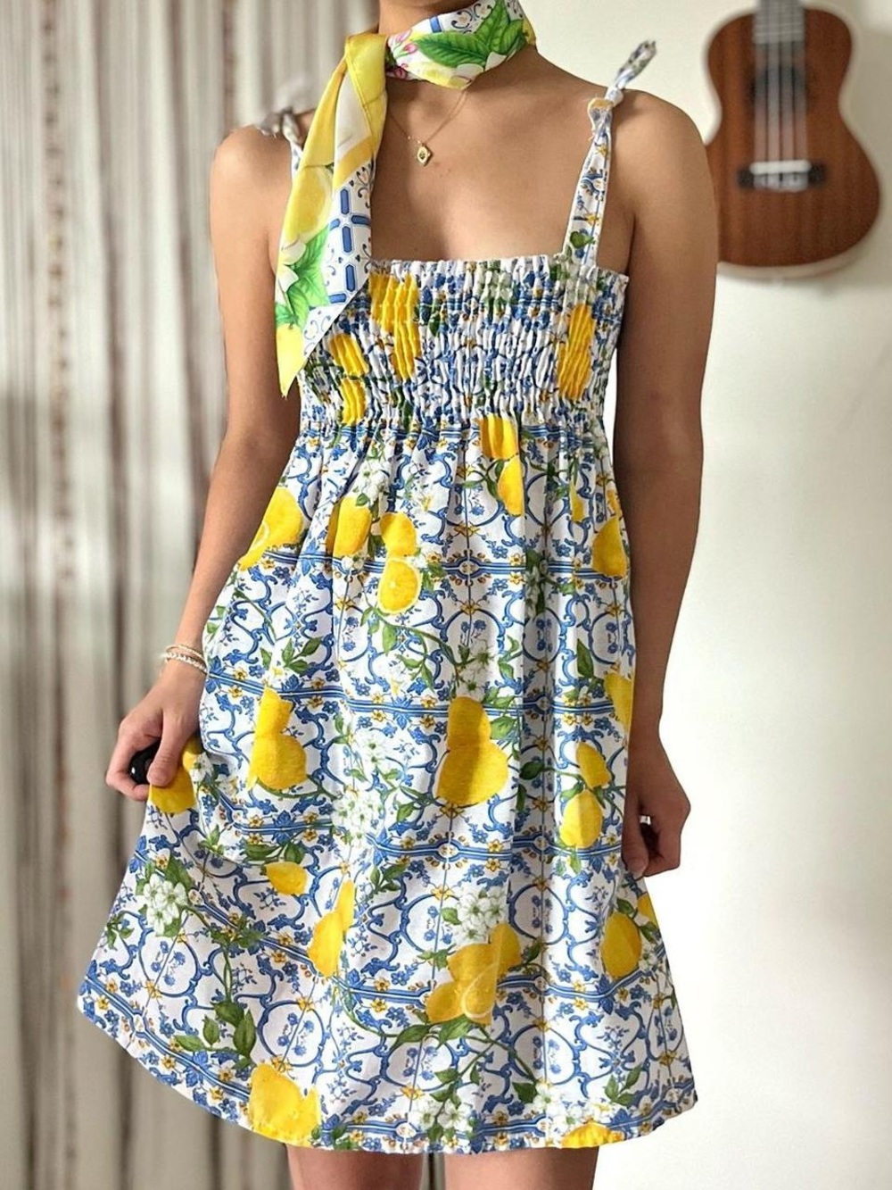 smocked mini dress + scarf set with lemon and floral pattern